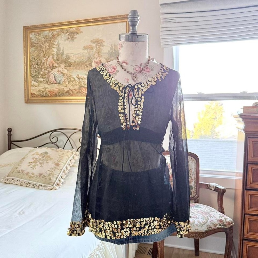 black sequin silk tunic top  y2k black silk long sleeve tunic top gold‎ sequin